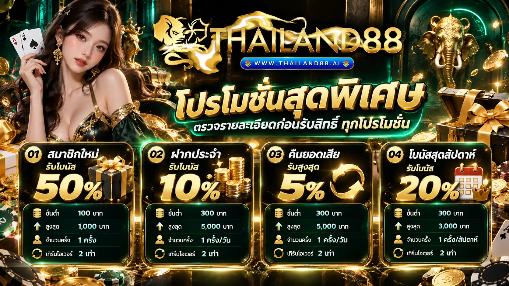 thailand88 สมาชิกใหม่ 50 เปอร์เซ็นต์ ฝากประจำ 10 เปอร์เซ็นต์ คืนยอดเสียสูงสุด 5 เปอร์เซ็นต์ และโบนัสสุดสัปดาห์ 20 เปอร์เซ็นต์